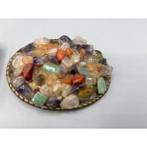 Vtg 2 Pc Stone Shell Bead Inlay Belt Buckle Set Oval Rectangle - Picture 3 of 8